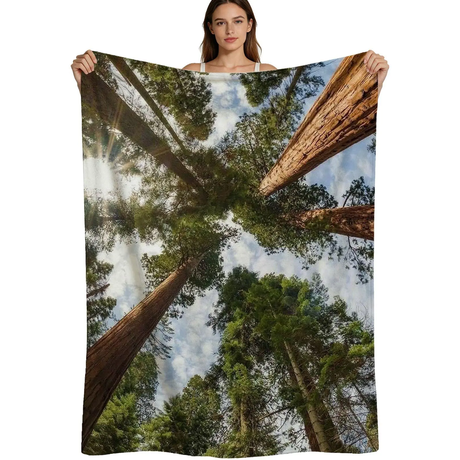 Soft Flannel Blanket - Nature-Inspired Redwood Print Forest Scene, Brushed Texture, Outdoor Home Decor, 4-Size Options, Single Pack for Outdoor Enthusiasts