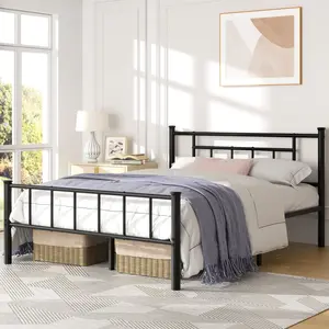 Walsunny Platform Minimalist Bed Frame with Classic Design Headboard and Footboard, Strong Metal Slat Support & Underbed Storage Space, Black Queen Size