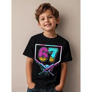 Boys' 67 Number & Ice Cream Drip Graphic T-Shirt - Short Sleeve Casual Playwear with 67 Number Design, Round Neck Comfort Fit, All-Season Casual Attire, Birthday Party Outfit, Trendy 'treet Style - Fun Math-Themed Apparel for Boys