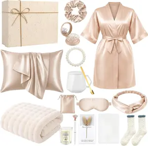 Twistover 16 Pcs Birthday Gifts for Women: Luxury Robe & Blanket Spa Basket, Graduation Gifts for Women -Scented Candle, Mug, Notebook, Pillowcase & Self Care Essentials(Champagne)