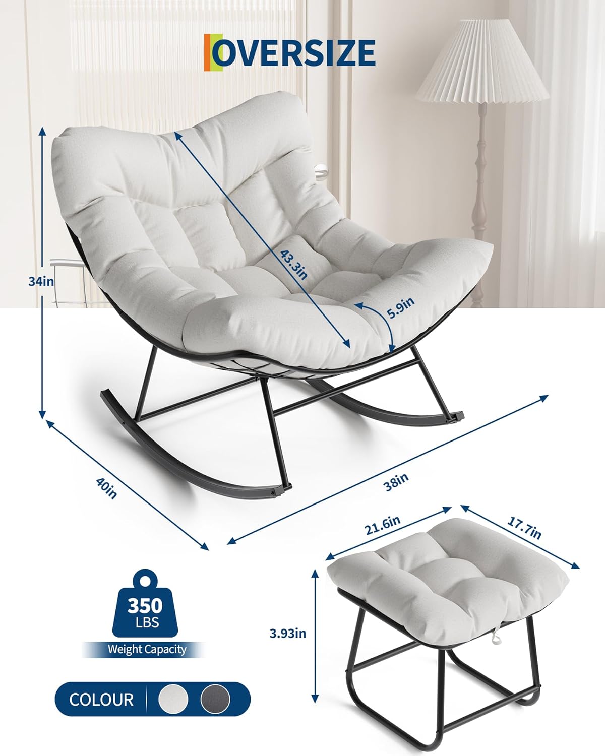 Outdoor Oversized Papasan Rocking Chair with Footrest, Patio Lounge Chair with Ottoman and Sturdy Metal Frame, Patio Rattan Egg Rocker for Balcony Backyard Porch Bedroom