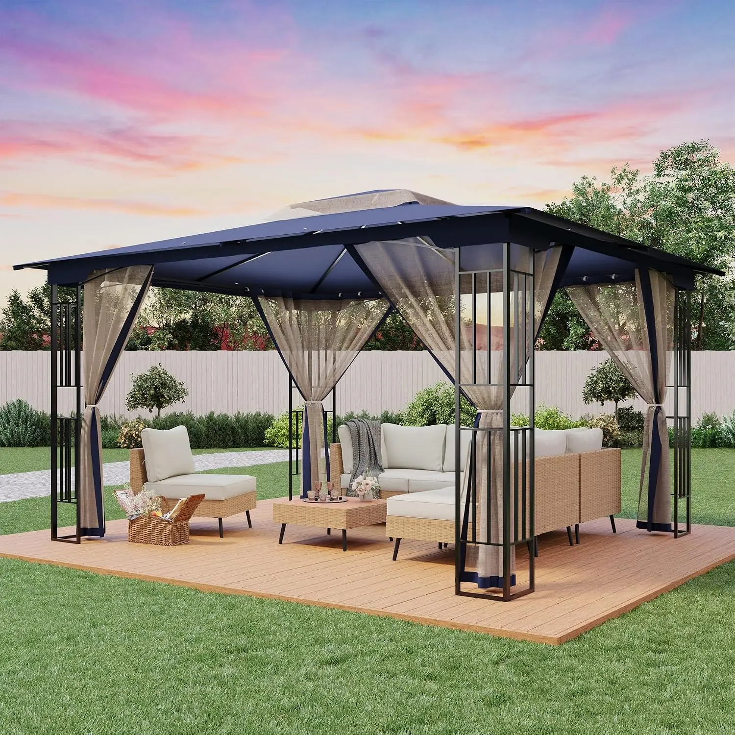 LAUSAINT HOME 13'x11' Outdoor Patio Heavy-Duty Steel Frame Structure with Double-Tier Roof & Mosquito Net, Multiple Seats Gazebo Shelter for Backyard, Garden, Lawn