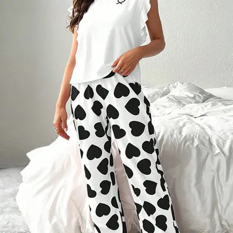 Women's Heart Print Tee and Pants Pajama Set, Lounge Pjs Set Casual Round Neck Sleeveless Top and Trousers Loungewear Ladies Sleepwear Pyjama for All Seasons