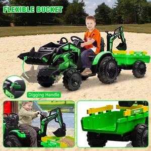 24V Green 3-in-1 Kids' Ride-On Construction Vehicle (Excavator, Bulldozer, Tractor) with Remote Control, LED Lights, Music, USB & Safety Features