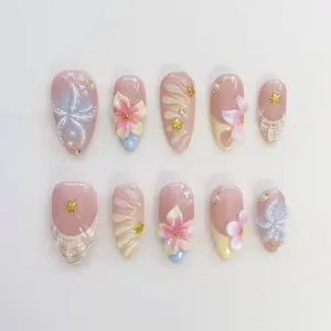 Starfish Bloom Elegance Press On Nails Short Almond Nails/Flower Nails/Yellow Nails/Spring Summer Nails/Shell Nails/Birthday Nails