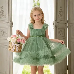 6009 Kids Avocado green pearl decorated tutu princess dress suitable for dance piano performance graduation ceremony photography