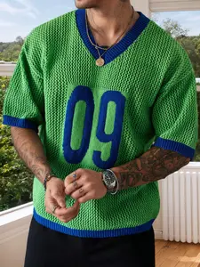 Men's Number Print Short Sleeve Crew Neck Crop Sweater, Casual Shortsleeve Fashion Knit Top for Summer, Fashion Men's Knitwear for Daily Wear