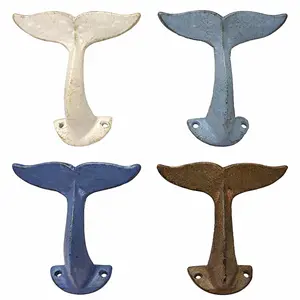Set of 4 Whale Tail Wall Hooks – Cast Iron Nautical Beach House Decor