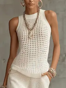 Women's Hollow Out Knit Vest, Summer New Style Vacation Wear, Thin Sleeveless Top, Vintage Design, Elegant and Chic Knitted Jacket
