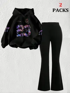 Women's Warm Sweatshirt & Slim Fit Flare Pants Set, Casual Winter with Butterfly Print, Kangaroo Pocket Design, Black