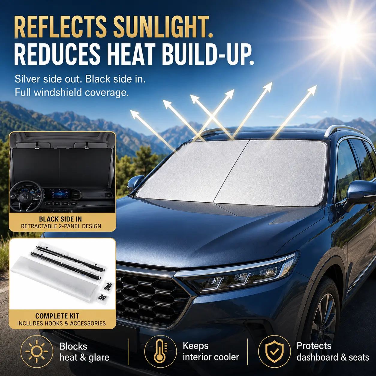 ToughGift Retractable Car Sun Shade | UV Protection Windshield Cover | Keeps Car Cool in Summer | Heat Insulation Front Window Visor for SUV Sedan Truck damage