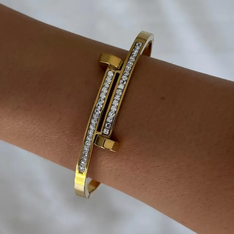 EVRY JEWELS Waterproof - 18K Real Gold Plating / Pave Women's Radiant Row Bangle Bracelet