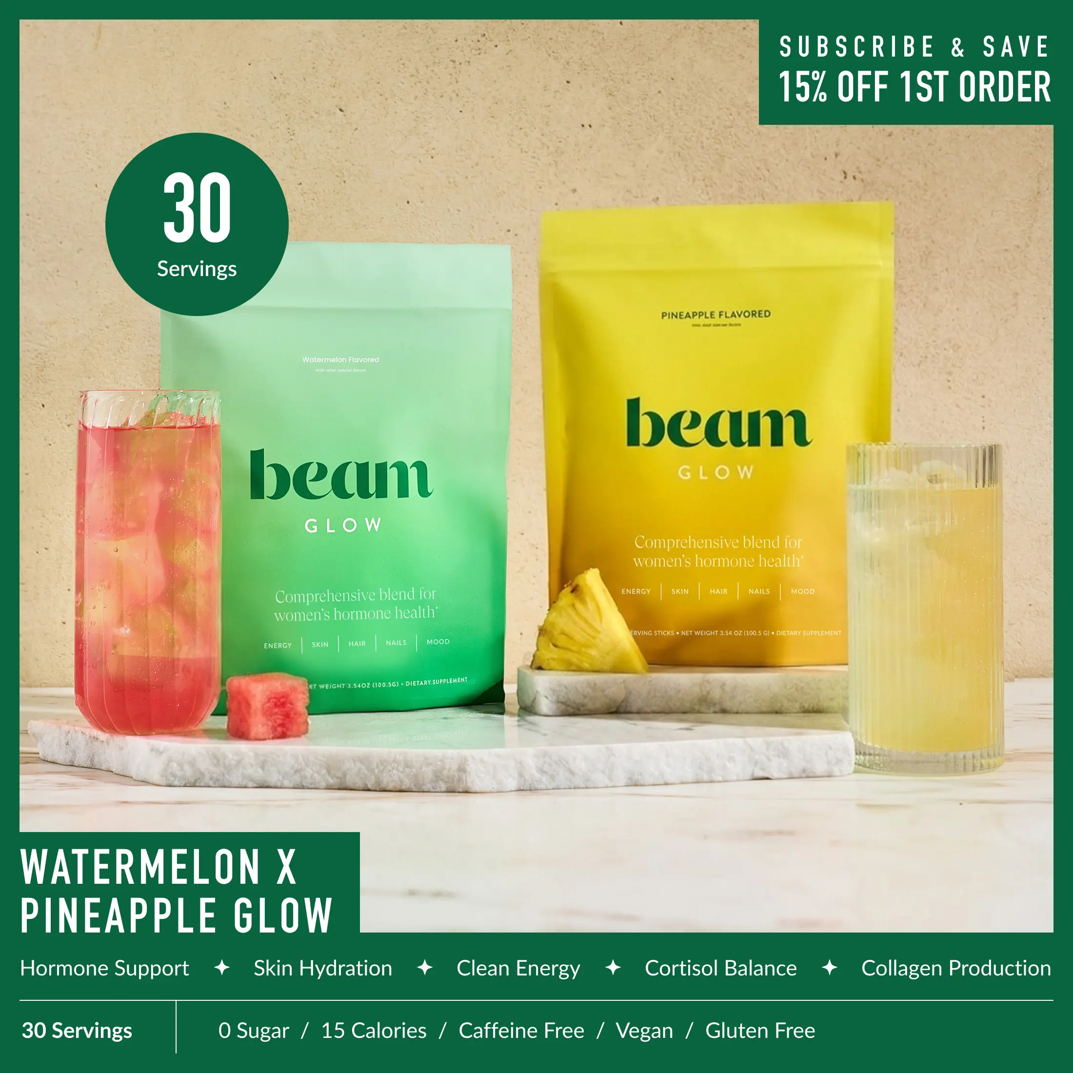 Beam Glow Superblend Duo-Trio Pack - Natural Supplements for Women’s Hormone Balance, Collagen-Infused, Low Calorie (10 Calories), Sugar-Free Vitamins, 30 or 45 Servings ((15 Servings per Flavor), Beauty (Skin, Hair, and Nails) | Summer Sale