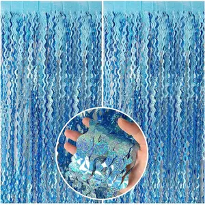 3PCS Shiny Light Blue Tinsel Foil Fringe Curtains Wavy Backdrop for Parties Sparkle Metallic Wavy Foil Fringe Backdrop Curtain for Party Decorations Photo Booth Props for Birthday Graduation Wedding