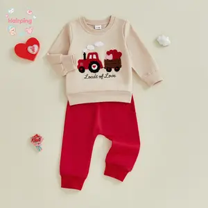 Toddler Baby 2-Piece Outfit - Beige & Red 3D Tractor Embroidery Sweatshirt with ‘Loads of Love’ Print & Jogger Pants, Casual Valentine’s Day Boys Girls Tracksuit