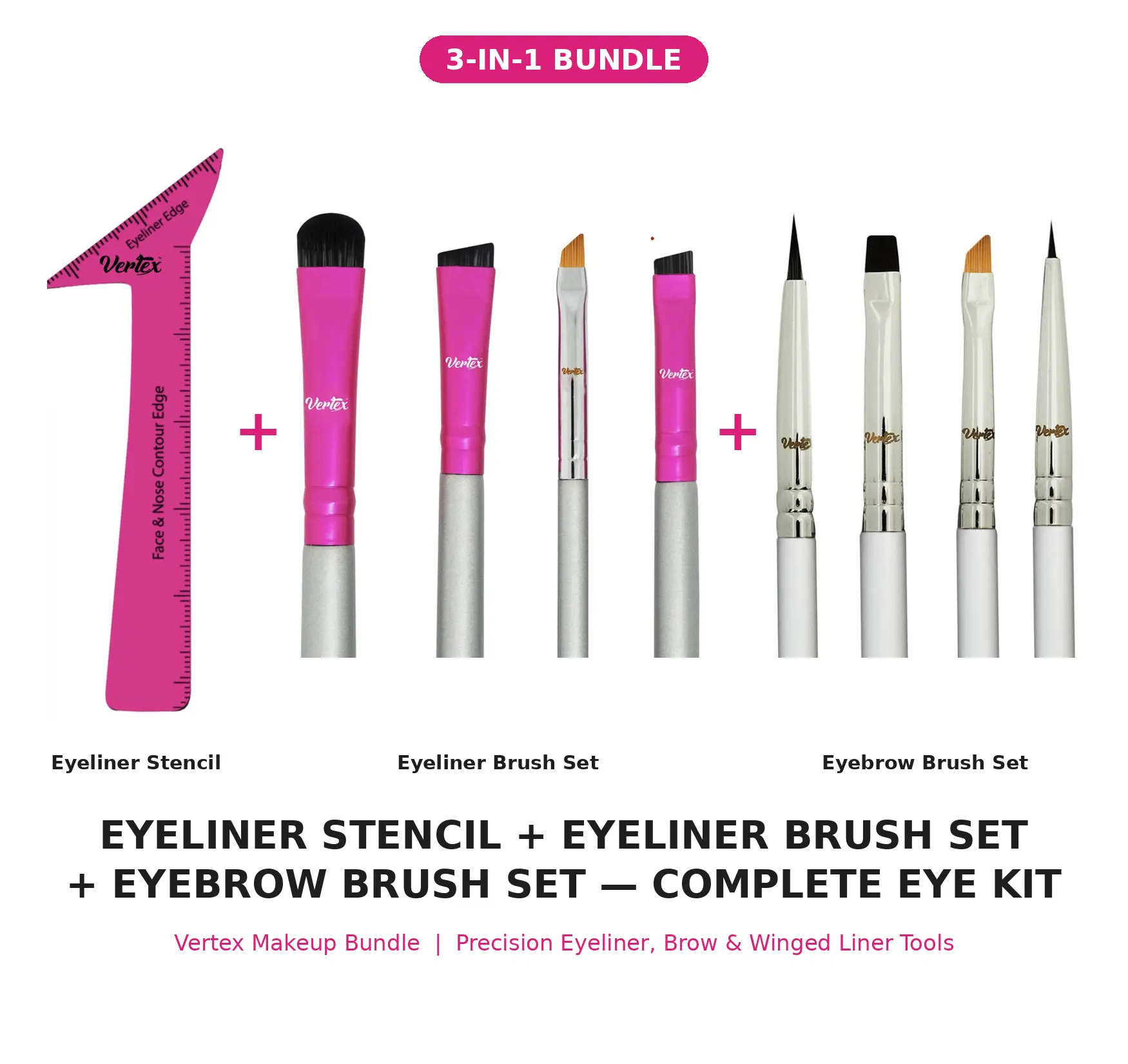 Vertex Eyeliner Stencil + Eyeliner Brush Set + Eyebrow Brush Set Bundle - Precision Winged Liner Tool, Angled Firm Makeup Brushes for Liquid Gel Pencil Liner, Brow Lamination & Pomade, Cat Eye Wing Tips Kit