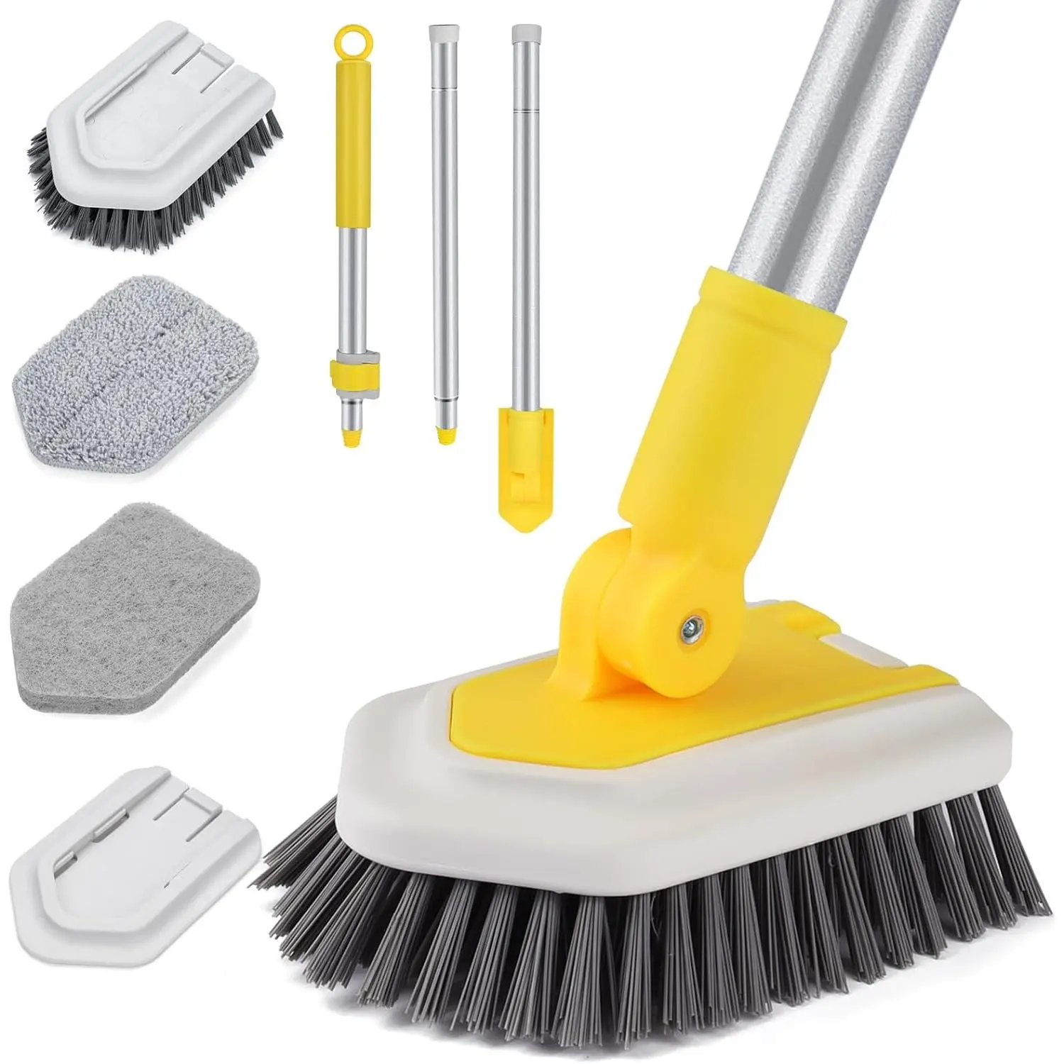 Shower Cleaning Brush with Locking Head, 3 in 1 Tub Tile Scrubber Brush with 50'' Extendable Long Handle Stiff Bristles Scouring Pads Microfiber for Cleaning Bathtub Shower Wall Bathroom