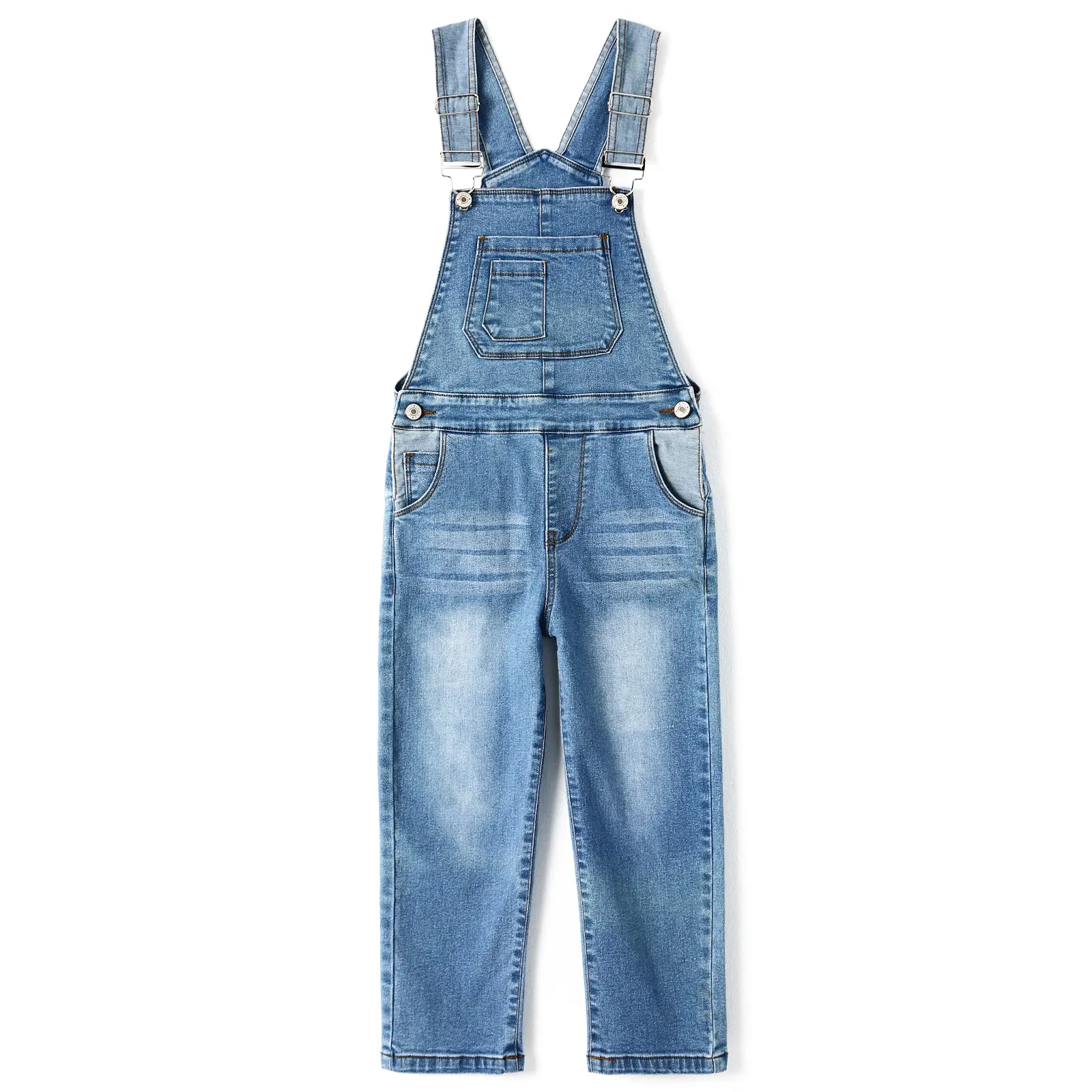 Kidscool Space Cotton Denim Overalls for Baby & Little Kids, Light Wash Jean Jumpsuit with Adjustable Strap, Bib Pocket, Turn-Up Leg, Metal Buttons, Casual Daily Outfits (9M-6Y)