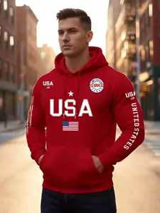 USA flag print hoodie men's fleece sweatshirt, United States letter print unisex casual knit fabric pullover for students and couples fashion hoodie for autumn and winter, 2026 spring pullover hooded sports hoodie