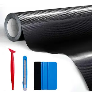 12" x 60" Gloss Black Carbon Fiber Car Wrap Vinyl Bubble Free Air Release Adhesive Car Wrap Film Roll DIY Decals with Cutter, Vinyl Squeegee,and Hand Tool ( 1 FT x 5 FT) - With Wrap Tools