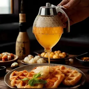 Drip-Free Honey Dispenser with Stand, Honeycomb Honey Jar and Syrup Dispenser Bottle, Hive-Decor Honey Storage Jar, Suitable for Honey and Syrup, Kitchen