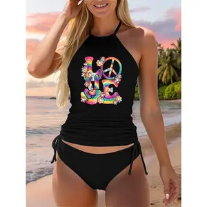 Groovy Love Peace Sign Hippie Theme Party Outfit 60s 70s Two Piece Swimsuit