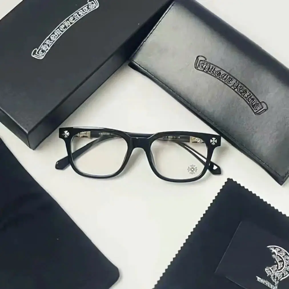 Luxury Gothic Cross Square Eyeglass Frames for Men & Women, Bold Black and Crystal Clear Optical Frames, Retro Unisex Streetwear Glasses with Full Gift Box & Protective Leather Case