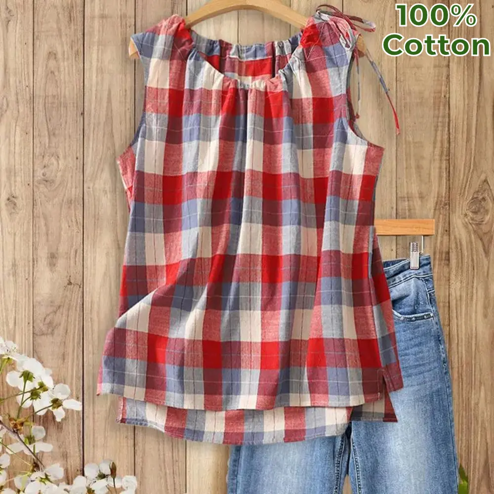 (Drawstring is adjustable) Sage Vell Women 100% Cotton Vintage Plaid Green/Grey/Red Gingham Sleeveless Blouse Casual Loose Fit Tie Shoulder Ruffle Neck Tank Top Summer Breathable Checkered Shirt for Daily Wear Beach Vacation Streetwear