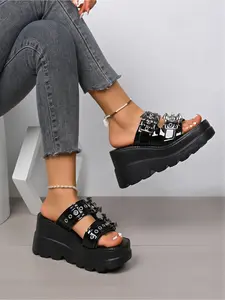 New Women's Gothic Bat Decor Platform Slides, Black Patent Leather Double Buckle Wedge Heel Sandals, Punk Chunky Platform Sandals for Goth Emo Alternative Fashion