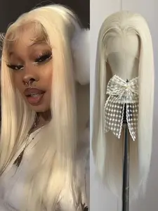 Platinum Blonde Straight Hair Synthetic Wig Heat Resistant 13×4 Deep Lace Fiber Hair Natural Hairline Lace Front Wigs for Women Men Cosplay Makeup Use Light Blonde Wig Long Wig No Bangs Wig Natural Looking Wig
