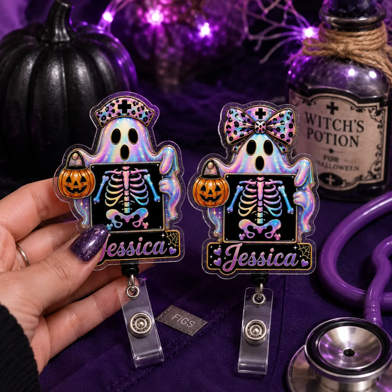 Personalized Halloween Ghost X-Ray Badge Reel – Custom Name Acrylic Retractable ID Holder, Nurse Radiology Tech Medical Gift