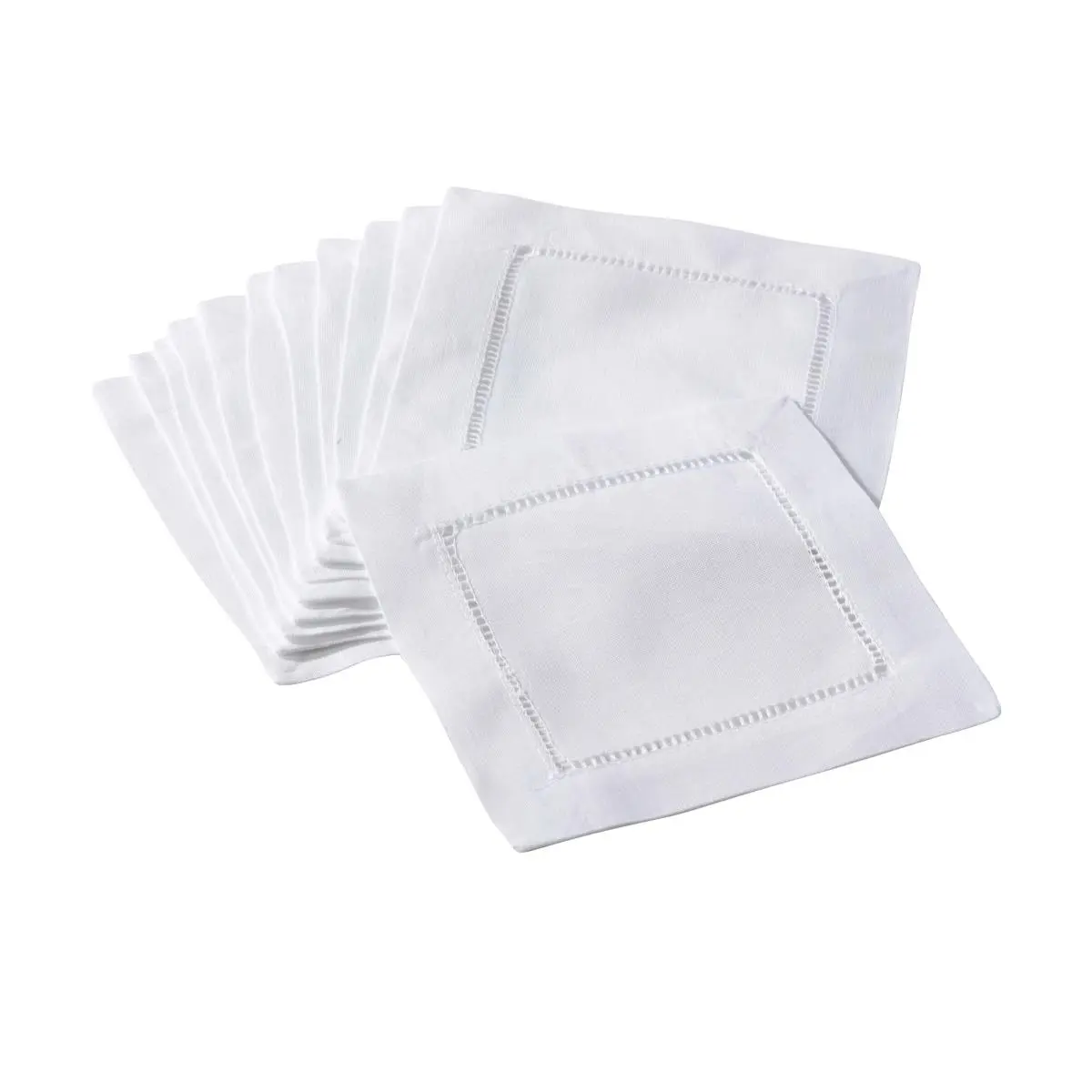 212 MAIN 6 in. Hemstitched Linen Blend Square Swiss Dot Cocktail Napkins - White, 12-Piece Set, Machine Washable for Tea, Kitchen & Table Linens