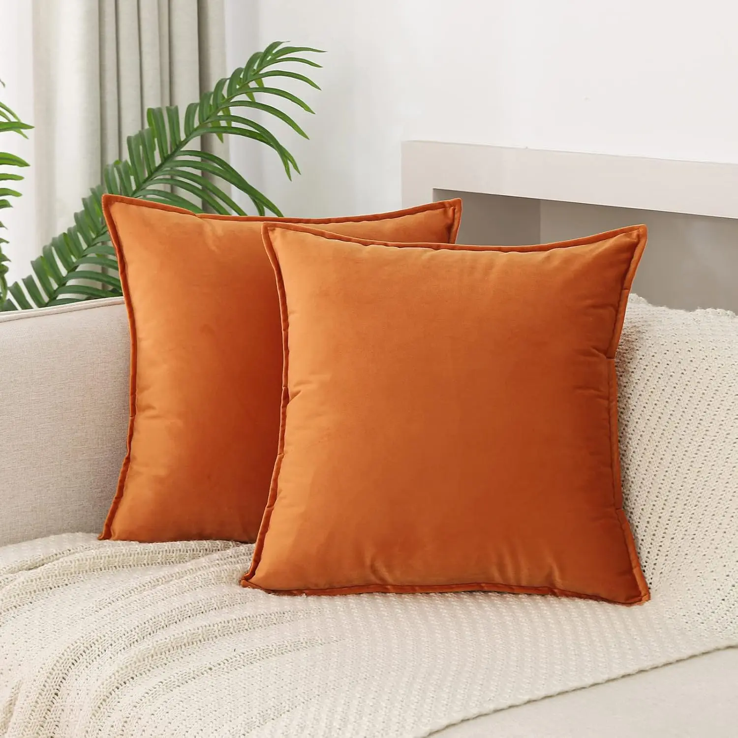 Velvet Orange Soft Cushion Covers, 22x22 in (55x55cm) Pack of 2 - Breathable, Fade-Resistant Decorative Square Covers for Couch, Living Room, Soft Cushions