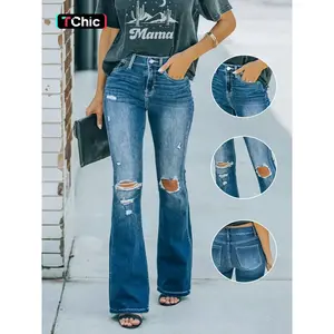 Women’s new ripped denim jeans with a flare washed fabric, slim fit and stretchy, comfortable design—women’s clothing for all seasons