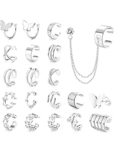 20 Pcs Ear Cuff Earrings for Women Casual Trendy Jewelry Cuff Chain Earrings Clip on Helix Cartilage Wrap Cuff Earring Non Pierced Adjustable Ear Clip Silver