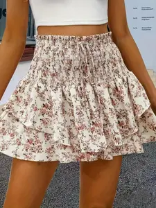 Women's Ditsy Floral Print Drawstring Waist Skirt, Casual Cute Fashion Boho Style Short Skirt for Daily Wear, Ladies Summer Bottoms, Clothing, Flowy Cheeky Skirts, Breathable Skort, Boho Hippie Skirt, Ruffle Trim Skorts
