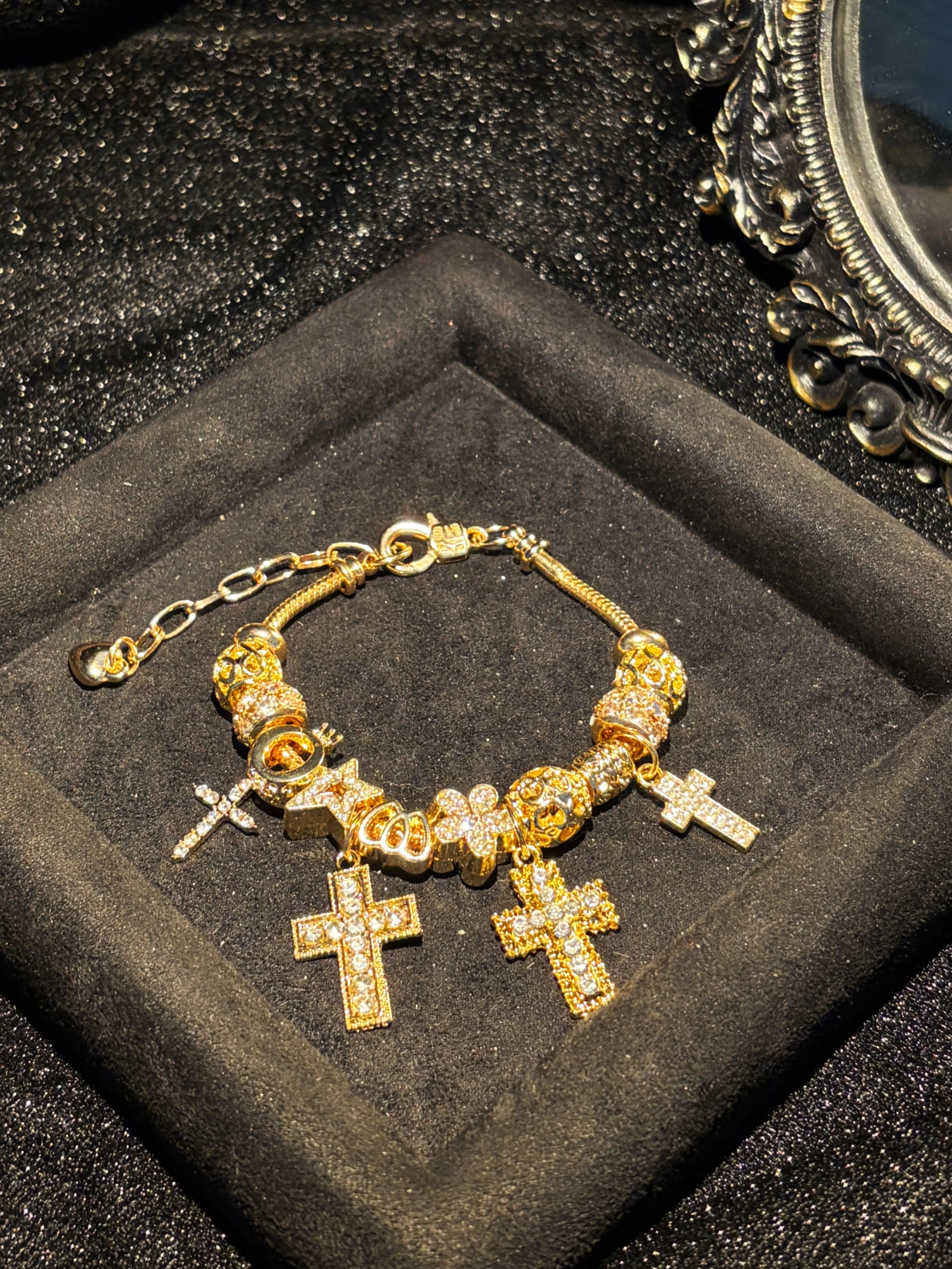 Women's Gold Tone Charm Bracelet, Sparkling Cross & Flower Rhinestone Charms Bangle for Daily Party Wear