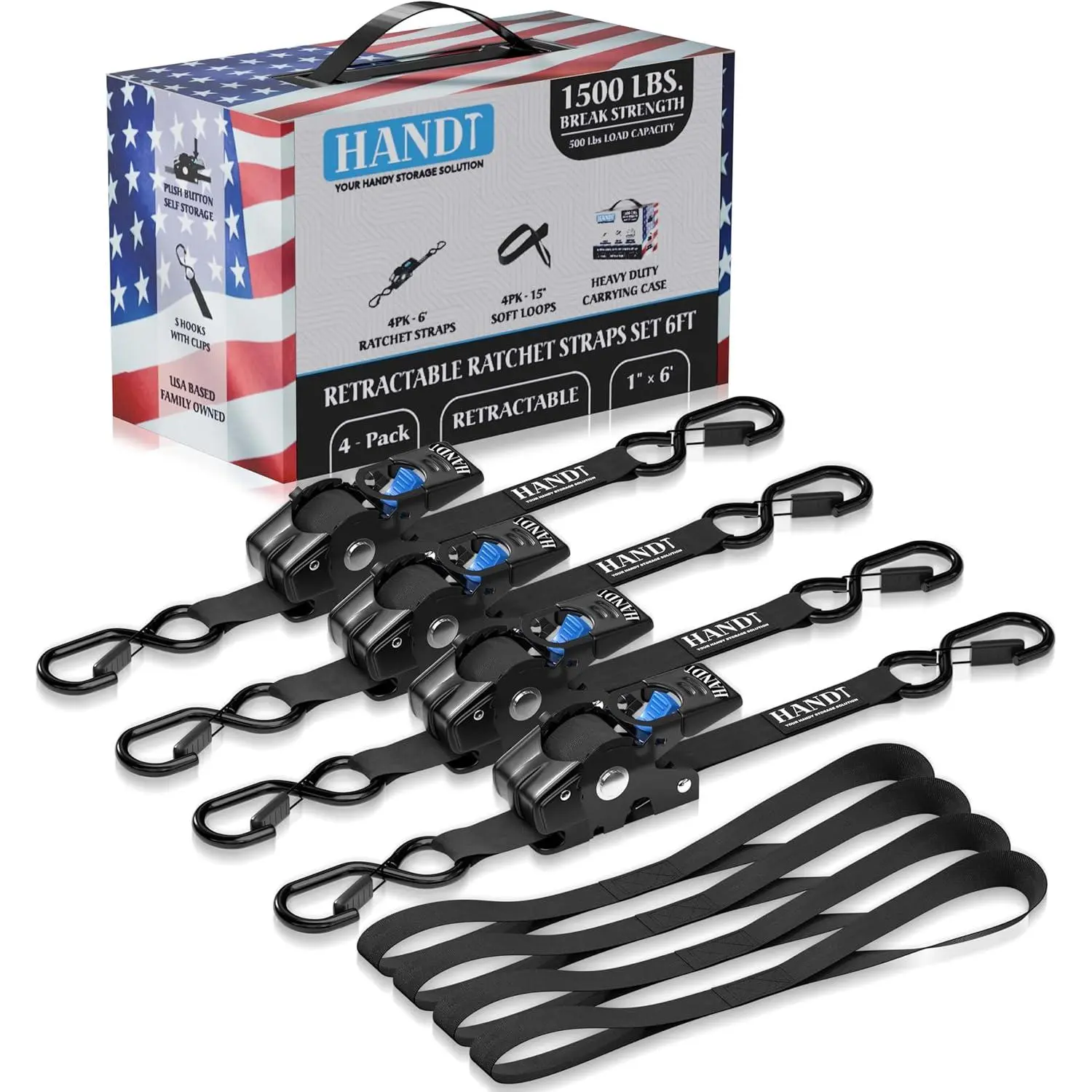 Heavy Duty Automatic Ratchet Straps - 1x6 ft Size, 1500lb Break Strength, Push-Button Self-Retract Tie Down for Trucks, Trailers, Black (Automatic Type)