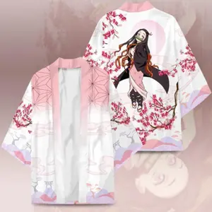 y2kJapanese Anime Character Printed Kimono Cardigan Men Women Summer Butterfly Kochou Shinobu Printed Japanese Traditional Costume Piece Clothes Womenswear Breathable Check Cosplay Loose Soft Uniforms Unisex Workwear Gamis 001 Button