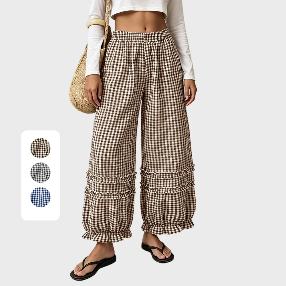 Yions Women 2026 Summer Ruffle Hem Crop Cotton Linen Pants Beach Plaid Gingham Wide Leg Pants Palazzos