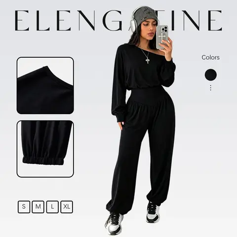 Elengatine Women's Casual Comfortable Polyester Jumpsuit - Black Off-Shoulder Wide Neck Long-Sleeve High-Waist Relaxed-Fit Jogger Overalls with Elastic Cuffs, for Daily Wear, Travel