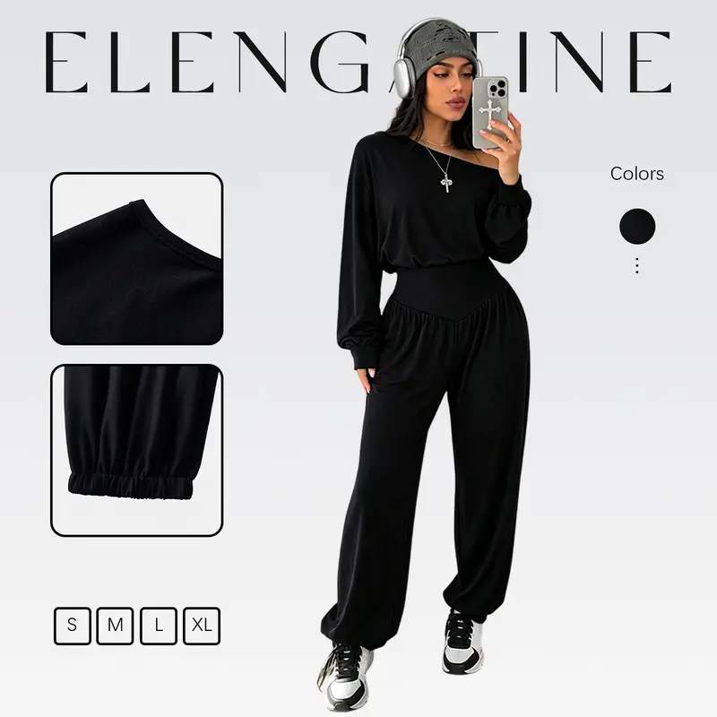 Elengatine Women's Casual Comfortable Polyester Jumpsuit - Black Off-Shoulder Wide Neck Long-Sleeve High-Waist Relaxed-Fit Jogger Overalls with Elastic Cuffs, for Daily Wear, Travel