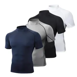 High-necked tight-fitting quick-drying clothes men's elastic T-shirt running fitness training clothes sweating sports compression short sleeves Activewear Gym Gym Tees