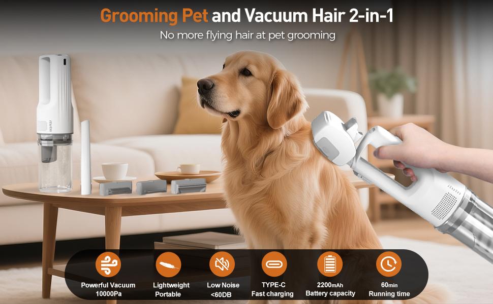 Cordless Pet Grooming Vacuum Set, 60dB quiet hair removal,with 5 pet grooming and cleaning tools one-touch pet hairremoval vacuum brush, zero airborne hair technology, verysuitable for anxious and sensitive pets.