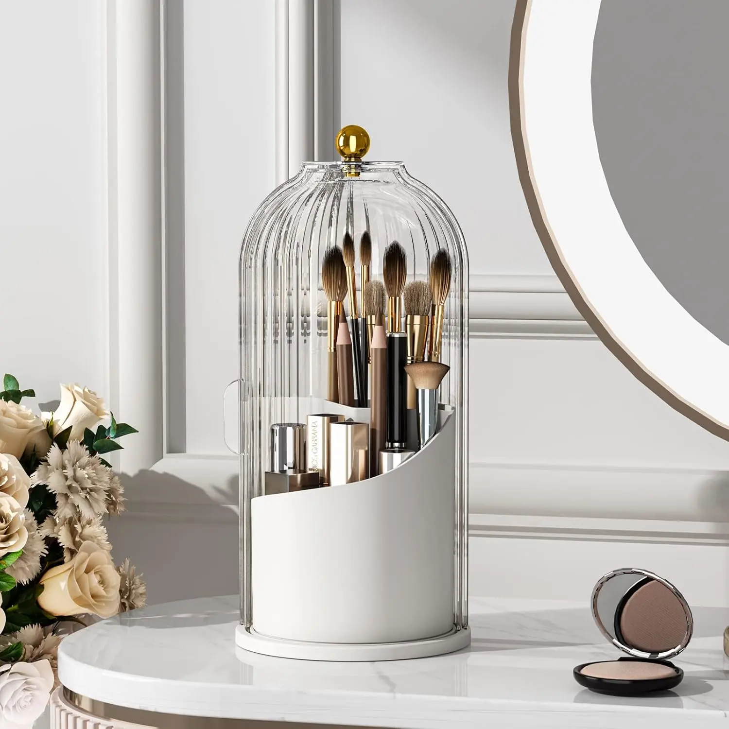 Makeup Brush Holder with Lid 360 Rotating Clear Dustproof Make Up Organizers for Vanity Bathroom Countertop, Transparent |   with Lid, 360 Rotating, Dustproof
