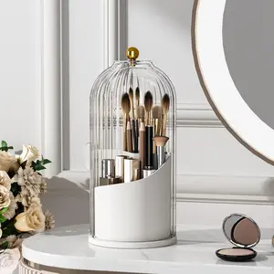 Makeup Brush Holder with Lid 360 Rotating Clear Dustproof Make Up Organizers for Vanity Bathroom Countertop, Transparent |   with Lid, 360 Rotating, Dustproof