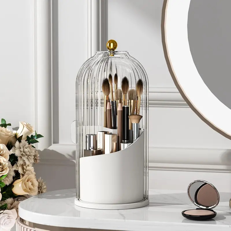 360-Rotating Enclosed Cosmetic Organiser with Lid, 4.8 Inches Wide Dust-Protective Compact Storage, Deep Slots for Beauty Brushes Storage, Bathroom Vanity Cleaner Life Makeup Solution
