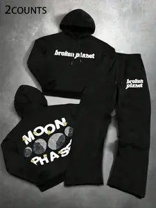 Y2K Aesthetic Moon Phases Tracksuit Set | 'Broken Planet' Hoodie & Pants! Trendy Black Streetwear, Celestial Print – Perfect for TikTok-Worthy Fits & Cozy OOTD. #Y2KStreetwear #MoonPhasesFit #BrokenPlanetAesthetic #TikTokFashion #HoodieTracksuit