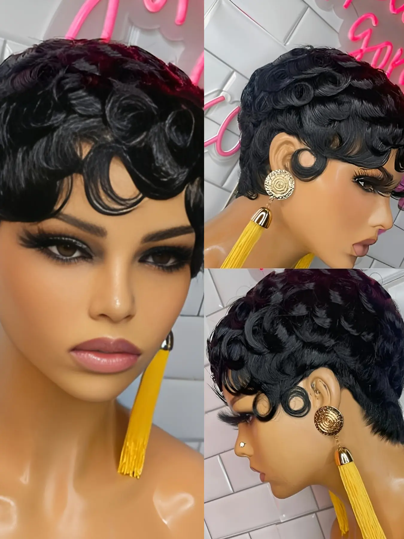 Curly Wave Wig Pixie Cut Wig for Women Halloween Wig Kinky Curly Wig Curly Human Hair Full Machine Made Wig 150% Density 6 Inch