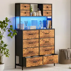 12 Drawer Fabric Dresser for Bedroom with Charging Station and LED Light, Large Chest of Drawers with Open Shelves, Steel Frame and Wooden Top Storage Organizer for Living Room Hallway Entryway Dorm Room